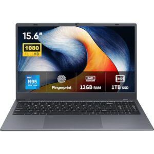 BiTECOOL Laptop de 15,6 polegadas, RAM LPDDR5 de 12 GB, SSD NVMe de 1 TB, Quad Core N95 (até 3,4 GHz), tela IPS FHD, WiFi 2,4G/5G, BT5.0, impressão digital, webcam, bateria de longa duração – para