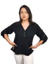 Blusa camisa feminina Laura com manga 3/4 gola v elegante casual negócios básica verão 2025 (BR, Alfa, GG, Regular, Preto)