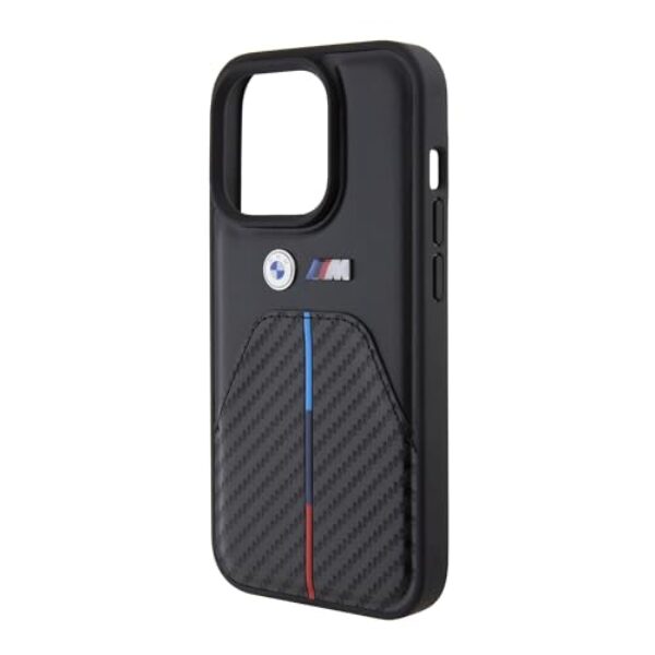 BMW Capa para iPhone 15 Pro ao 16 Pro Max, couro PU fibra de carbono, listras tricolores, MagSafe integrado, design oficial BMW, antichoque, exclusiva, garantia de 1 ano (IPHONE 15 PRO MAX)