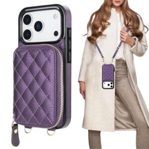 Bocasal Capa tipo carteira transversal para iPhone 17 Pro, bloqueio de RFID, couro PU com zíper, bolsa flip, capa com suporte para cartão e alça de pulso 5G 6,3 polegadas (roxo escuro)