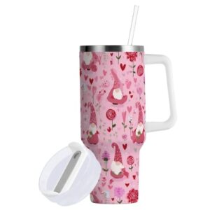 Boccsty Copo com isolamento de corações de gnomo rosa para Dia dos Namorados, copo reutilizável de aço inoxidável, copo de 1,134 g, caneca de viagem, garrafa de água com alça e canudo dobrável para