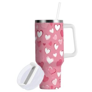Boccsty Copo de aço inoxidável reutilizável para Dia dos Namorados com corações cor-de-rosa, copo de 1,134 g, caneca de viagem de café, garrafa de água com alça e canudo dobrável para casa, escritório