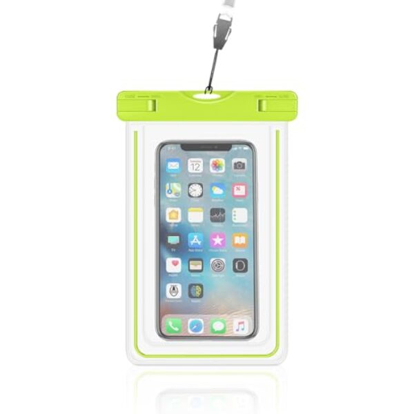 Bolsa de telefone à prova d'água com tiras brilhantes de até 17 cm compatível com iPhone 16 15 14/S24 Ultra/Pixel 8, bolsa de telefone à prova d'água para praia e piscina com cordão (1 pacote verde)