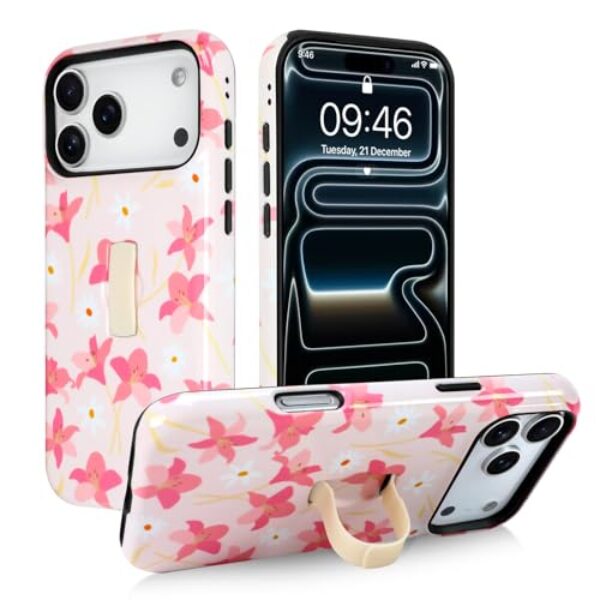 Bonoma Capa protetora para iPhone 17 Pro Max com alça de dedo, linda estampa de flor de lírio rosa com dedo brilhante à prova de choque para mulheres e homens