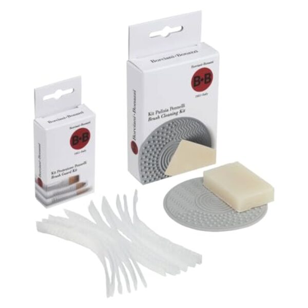 Borciani Bonazzi Brush Saver Set: Protetor de escova de nylon elástico com almofada de limpeza de silicone e sabão vegetal de limpeza profunda - capas de maquiagem e pincel, viagem/armazenamento