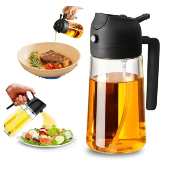 Borrifador de Vidro Premium, Spray Duplo para Azeite e Temperos, 500ml, Vidro Borossilicato, Tampa Preta, Sistema 2 em 1 com Névoa e Jato Direto, Ideal para Cozinha