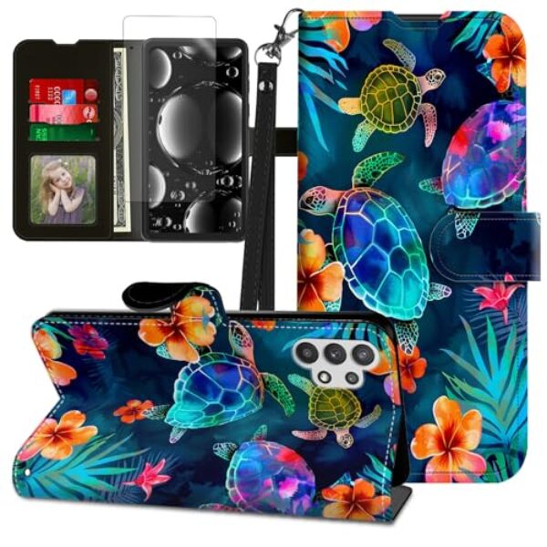 BREIDMKFM Capa para celular Galaxy A32 5G, capa protetora magnética para Samsung A32 5G com protetor de tela e suporte, suporte para cartão e alça de pulso, carteira flip de couro, capa protetora