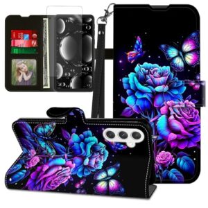 BREIDMKFM Capa para Galaxy A14 5G, capa para Samsung Galaxy A14 5G com protetor de tela e suporte, suporte para cartão e alça de pulso, carteira flip de couro com proteção magnética, borboleta de