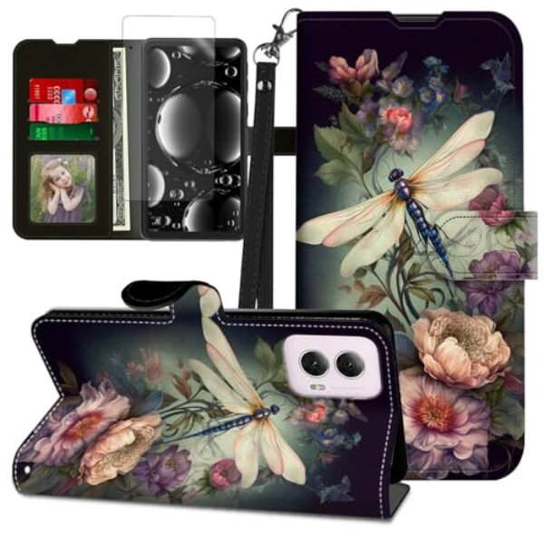 BREIDMKFM Capa para Moto G Power 5G 2024, capa para Motorola Moto G Power 5G 2024 com protetor de tela e suporte, suporte para cartão e alça de pulso Flip Folio Carteira de couro magnético, linda flor