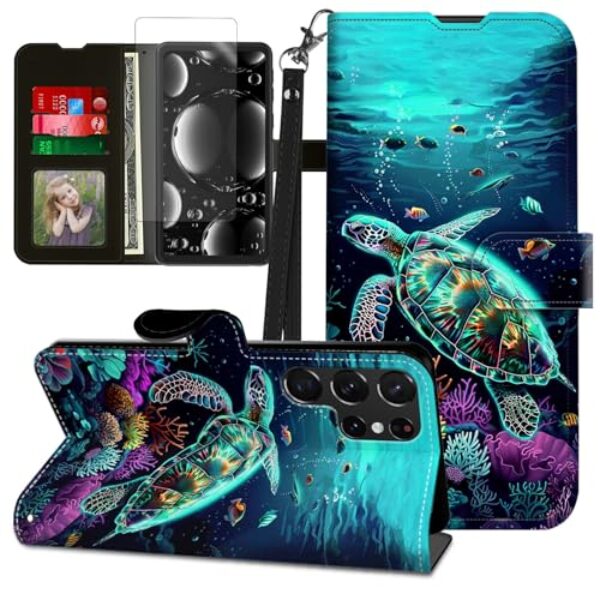 BREIDMKFM Capa para Samsung Galaxy S25 Ultra com protetor de tela e suporte, suporte para cartão e alça de pulso, capa protetora magnética de couro flip para Samsung S25 Ultra, verde tartaruga marinha