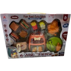 Brinquedo Air Fryer Infantil com Luzes, Laranja, Plástico, 13cm x 9cm, Conjunto com Acessórios de Alimentos, para Crianças +3 Anos