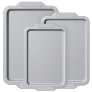 BRONYPRO Conjunto de 3 assadeiras de cerâmica antiaderentes, não tóxicas (livre de PFOA/PTFE), bandejas de forno de aço aluminizado com alças de silicone, resistente à ferrugem, resistente a