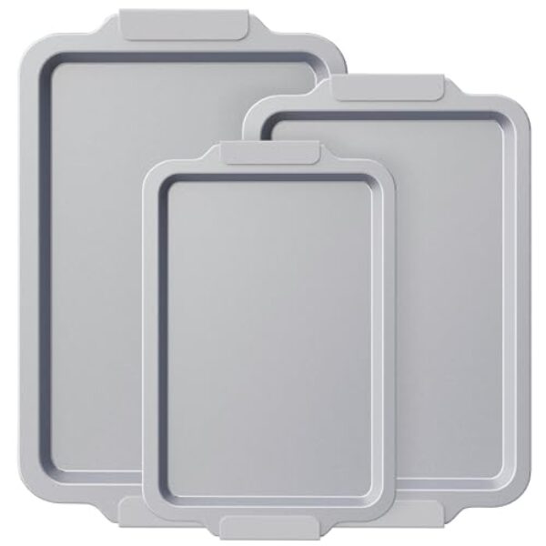 BRONYPRO Conjunto de 3 assadeiras de cerâmica antiaderentes, não tóxicas (livre de PFOA/PTFE), bandejas de forno de aço aluminizado com alças de silicone, resistente à ferrugem, resistente a