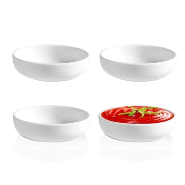 Btrquedo Conjunto de 4 tigelas de mergulho, pratos de cerâmica de 9 cm de porcelana para molhos, molho de salada, condimentos, lanches, aperitivos (branco)