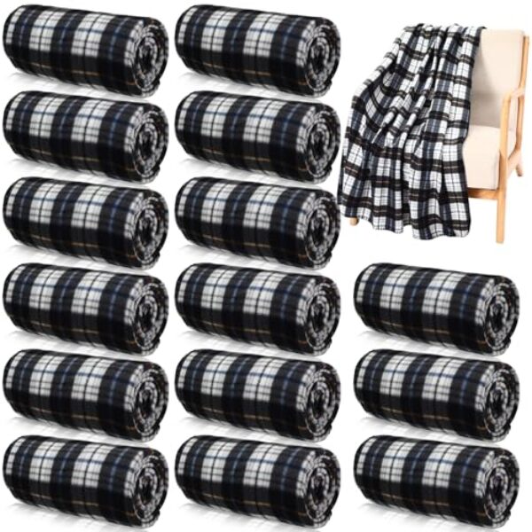 Buryeah Pacote com 15 cobertores xadrez de búfalo preto e branco a granel 152 x 122 cm, cobertores xadrez quentes, macios, leves, para escritório, sofá, cadeira, cama, casa, atividades ao ar livre