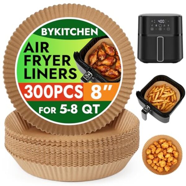 BYKITCHEN 300 peças de forros de papel descartáveis para fritadeira de ar Ninja AF141 5 QT Pro AF181 6,5 QT, Chefman 6 QT e outras airfryer de 5 a 8 litros, papel pergaminho redondo para fritadeira a