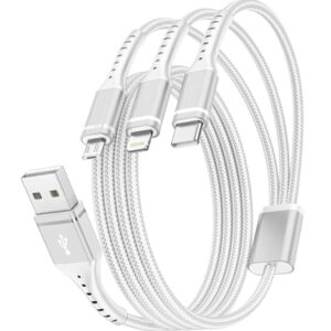 Cabo de carregamento múltiplo de 1 m, cabo carregador 3 em 1, cabo de carregamento universal trançado compatível com extremidades tipo C/micro USB, prata