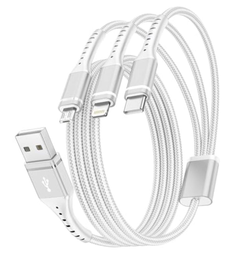 Cabo de carregamento múltiplo de 1 m, cabo carregador 3 em 1, cabo de carregamento universal trançado compatível com extremidades tipo C/micro USB, prata