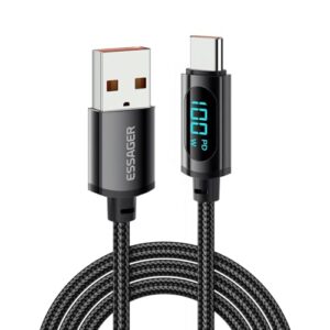 Cabo Digital de Carregamento e Dados Essager USB-A p/Tipo C 7A 100W 2M Turbo Preto