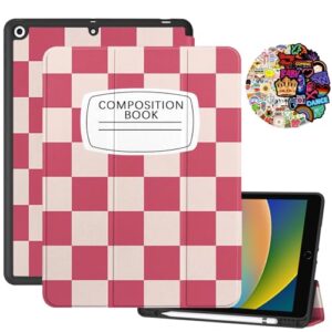 Cabreche Compatible with iPad 10.2 inch Case 9th /8th /7th Generation (2021/2020/2019) Pencil Holder Stickers Auto Sleep/Wake Cover Girls Women Cute Preppy Notebook Composition Book-Pink Checkered