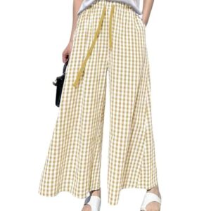 Calça de pijama feminina xadrez de perna larga xadrez calça de pijama de algodão xadrez com bolsos, Caqui, M