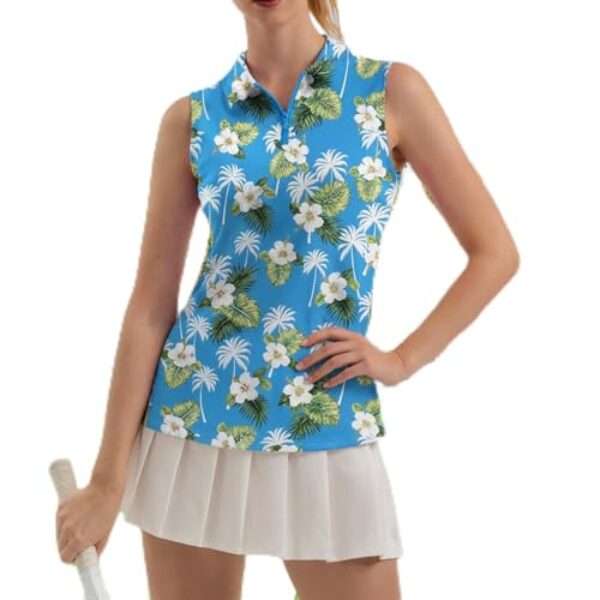 Camisa polo feminina de golfe sem manga com zíper de um quarto regata com absorção de umidade, secagem rápida, atlética, corte esportivo, Flor branca, G