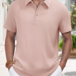 Camisa polo masculina Henley de malha texturizada, modelagem regular, manga curta, manga curta, Cinza, rosa, G