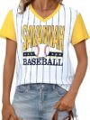 Camiseta feminina de beisebol com estampa de fã do dia do jogo, listrada, gola V, manga curta, Amarelo amarelo, GG