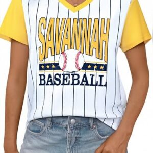 Camiseta feminina de beisebol com estampa de fã do dia do jogo, listrada, gola V, manga curta, Amarelo amarelo, GG