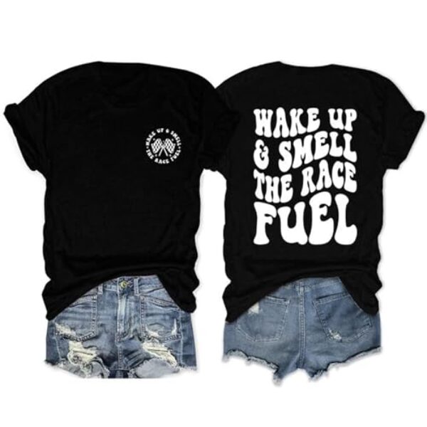 Camiseta feminina de corrida Wake Up and Smell The Race Fuel Camiseta Race Day Funny Graphic Tops, Preto, GG