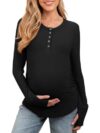 Camisetas femininas casuais para gestantes, manga comprida, gola redonda, botão lateral franzido, roupas para gravidez, Preto, P