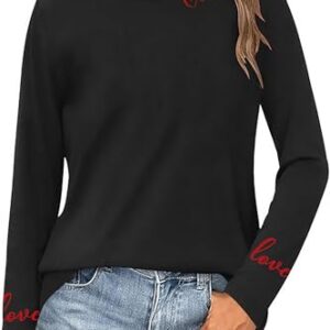 Camisetas femininas de manga comprida com coração de amor para dia dos namorados vermelha com estampa casual, Preto, GG