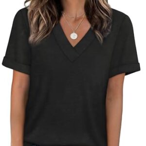 Camisetas femininas elegantes e casuais de manga curta com gola V para o verão, Preto, XGG