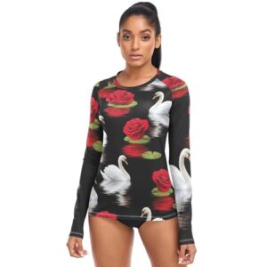 Camisetas femininas Rash Guards estampadas cisnes brancas rosas vermelhas arte pesca sol proteção UV bonito manga longa FPS 50+ PP, Arte de rosas vermelhas cisnes brancas, G