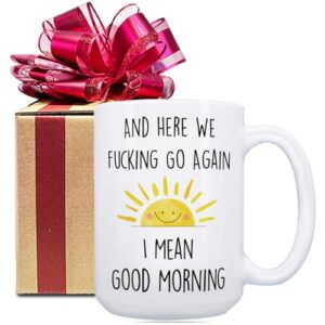 Caneca de aniversário engraçada presentes para mulheres e homens - And Here We Fking Go Again caneca amante de café elefante branco presentes de Natal dia das mães para adultos amigos, presente de