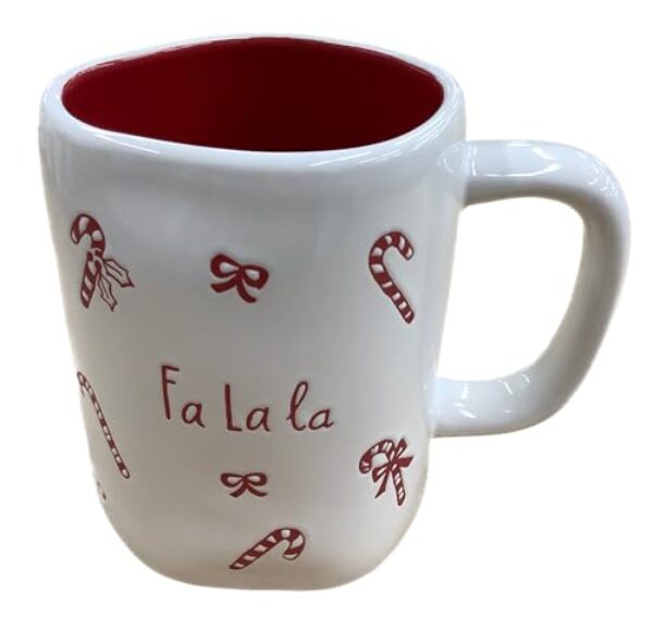 Caneca de café de Natal Rae Dunn - Fa La La - Fitas vermelhas e bengalas doces