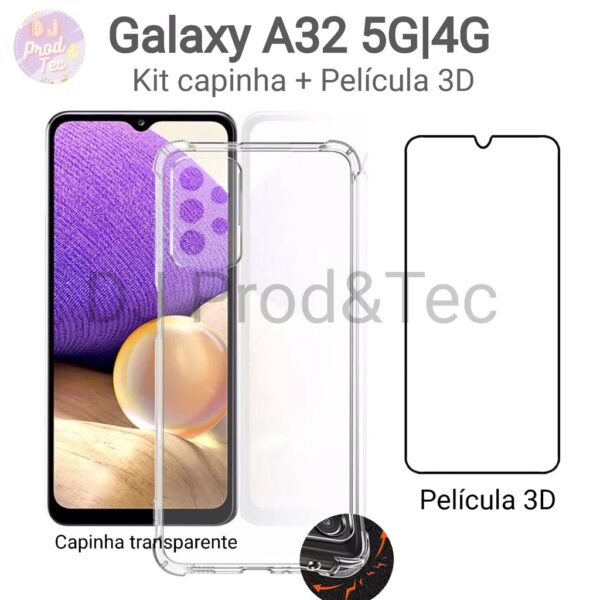 Capa Capinha para Samsung Galaxy A32 4G | A32 5G | Película de Vidro 3D 9D Galaxy A32 5G | A32 4G | Kit Capinha transparente e Película anti impacto para Galaxy A32 5G 4G