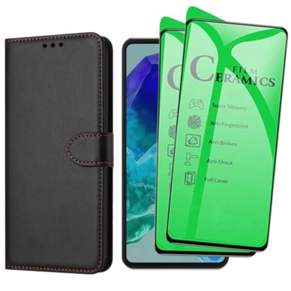 Capa Carteira Flip Case para Samsung Galaxy M55 com 2 Películas de Proteção em Cerâmica Premium, Preto