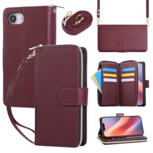 Capa carteira para iPhone 16e com cordão ajustável e alça de pulso - Couro sintético durável e TPU, 9 compartimentos para cartão, fecho magnético, suporte, capa de proteção total à prova de choque