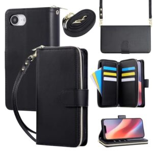 Capa carteira para iPhone 16e com cordão ajustável e alça de pulso - Couro sintético durável e TPU, 9 compartimentos para cartão, fecho magnético, suporte, capa de proteção total à prova de choque