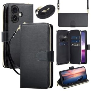 Capa carteira para iPhone 16 Plus com cordão ajustável e alça de pulso - Couro sintético durável e TPU, 9 compartimentos para cartão, fecho magnético, suporte, capa de proteção total à prova de choque