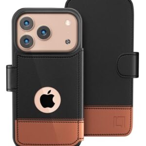 Capa carteira para iPhone 17 Pro Max, ultrafina e protetora, à prova de choque, porta-cartão de crédito, compatível com carregamento sem fio, couro vegano premium, capa fólio (6,9 polegadas) Sandy