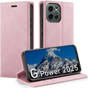 Capa carteira para Moto G Power 2025 com [bloqueio RFID] Suporte para cartão magnético, capa flip de couro para Moto G Power 2025 6,8 polegadas (rosa)