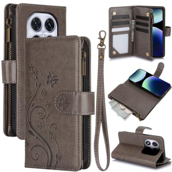 Capa carteira para Redmi Note 14 Pro Plus 5G, couro sintético e TPU à prova de choque, 6 compartimentos para cartões/compartimento para dinheiro/bolso com zíper, fecho magnético, alça de pulso