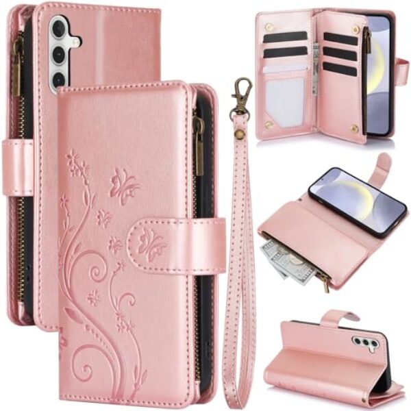 Capa carteira para Samsung Galaxy A05s, couro sintético e TPU à prova de choque, 6 compartimentos para cartões/compartimento para dinheiro/bolso com zíper, fecho magnético, alça de pulso removível