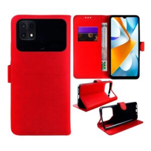 Capa Carteira Universal para Xiaomi Poco C40, Couro Sintético PVC, Vermelha, À Prova D'água, com Compartimento para Cartões, 18 x 10.5 cm