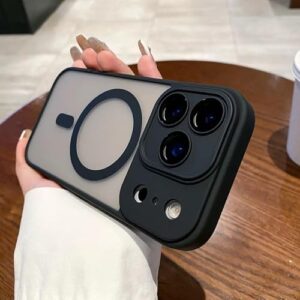 Capa com anel magnético fosco fosco compatível com iPhone 17 Pro, capa translúcida antiimpressão digital à prova de choque, toque suave, protetor de câmera elevado (preto, telefone 17 pro)