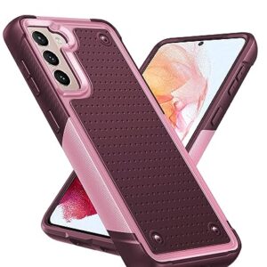 Capa compatível com Galaxy S21 FE 5G: capa de telefone dupla à prova de choque à prova de choque com policarbonato texturizado traseiro macio para Galaxy S21 FE 5G, vermelho e rosa