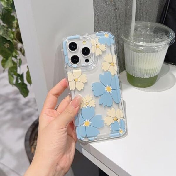 Capa compatível com iPhone 14 Pro Max linda flor transparente design de cor floral para mulheres TPU macio à prova de choque protetora para iPhone 14 Pro Max-azul e flor branca