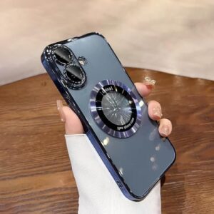 Capa compatível com iPhone 16, magnética compatível com Magsafe, protetor de câmera de lente de vidro, capas de telefone rígidas luxuosas com visualização de logotipo para iPhone 16 para mulheres e